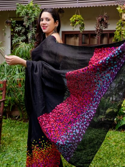Calyz Black Linen Saree with Collage Technique - Image 6